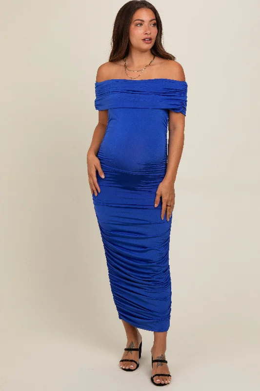 Royal Blue Off Shoulder Ruched Maternity Midi Dress Stylish Satin Midi Dress