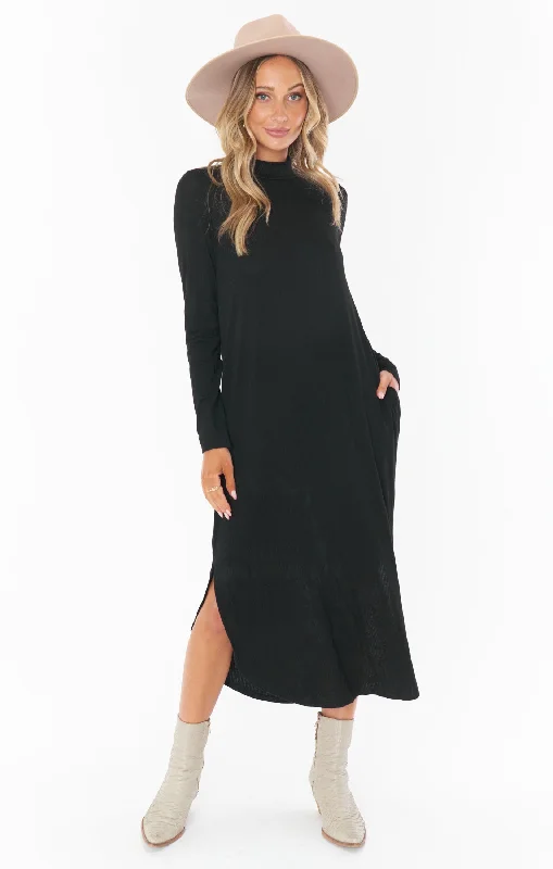 Sutton Midi Dress ~ Black Rib Knit Comfortable Wrap Midi Dress
