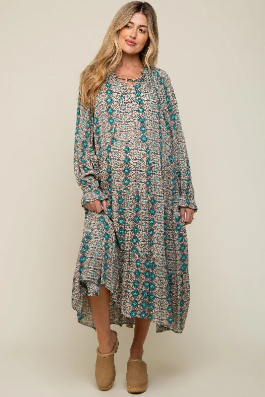Turquoise Floral Front Tie Tiered Maternity Midi Dress Fashionable A-Line Midi Dress Turquoise Floral Front Tie Tiered Maternity Midi Dress Fashionable A-Line Midi Dress