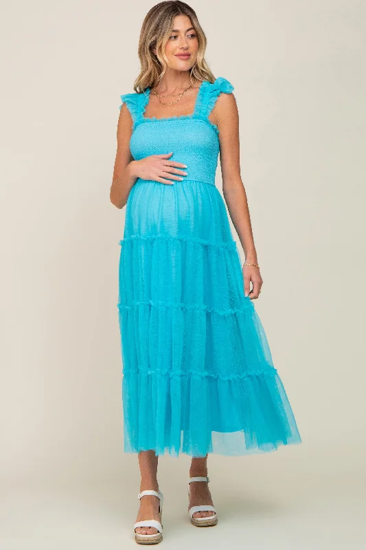 Turquoise Smocked Mesh Ruffle Accent Maternity Midi Dress Stylish Button-Down Midi Dress Turquoise Smocked Mesh Ruffle Accent Maternity Midi Dress Stylish Button-Down Midi Dress