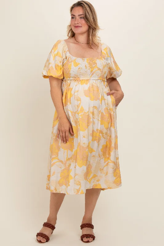 Yellow Floral Square Neck Smocked Short Puff Sleeve Maternity Plus Midi Dress Cozy T-shirt Midi Dress Yellow Floral Square Neck Smocked Short Puff Sleeve Maternity Plus Midi Dress Cozy T-shirt Midi Dress