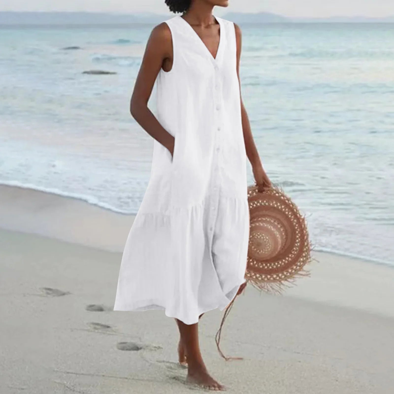 2024 Elegant Solid Shirt Summer Sleeveless V Neck Harajuku Maxi Dress Elegant Maxi Dress with Pockets 2024 Elegant Solid Shirt Summer Sleeveless V Neck Harajuku Maxi Dress Elegant Maxi Dress with Pockets