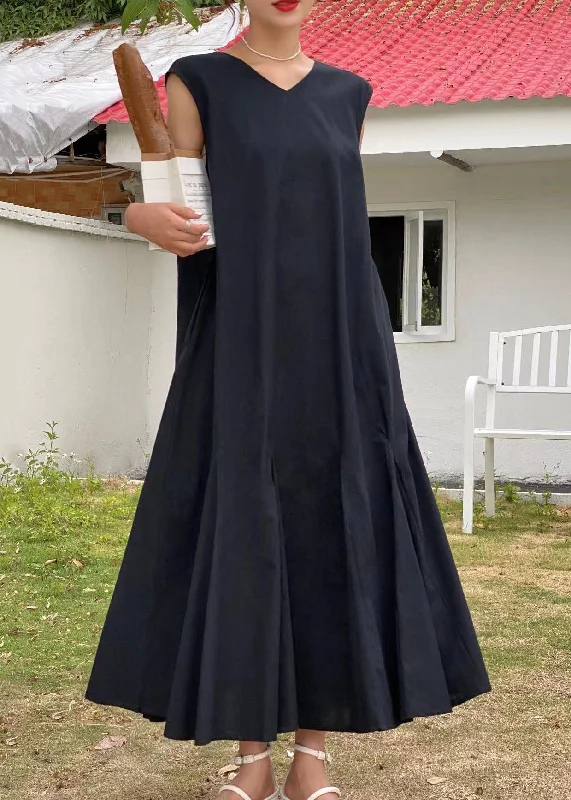Black Patchwork Cotton Maxi Dresses V Neck Wrinkled Sleeveless Fashionable Maxi Dress with Fringe Black Patchwork Cotton Maxi Dresses V Neck Wrinkled Sleeveless Fashionable Maxi Dress with Fringe