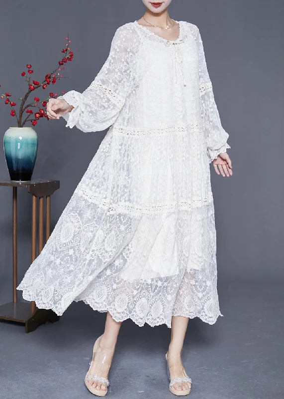 Bohemian White Embroideried Patchwork Hollow Out Lace Maxi Dress Lantern Sleeve Chic Summer Maxi Dress