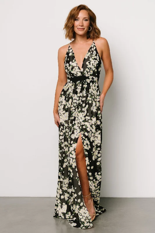 Brylee Maxi Dress | Black Flower Print Trendy Short Sleeve Maxi Dress