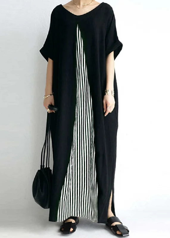 Casual Black O-Neck Striped Patchwork Cozy Maxi Dress Short Sleeve Comfortable Satin Maxi Dress Casual Black O-Neck Striped Patchwork Cozy Maxi Dress Short Sleeve Comfortable Satin Maxi Dress