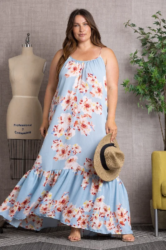 ORCHID FLORAL CRISS-CROSS BACK RUFFLED HEM PLUS SIZE MAXI DRESS 101DX Classic V-Neck Maxi Dress