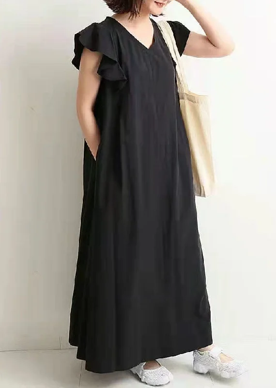 Elegant Black V Neck Patchwork Ruffled Cotton Maxi Dresses Summer Trendy Printed Maxi Dress Elegant Black V Neck Patchwork Ruffled Cotton Maxi Dresses Summer Trendy Printed Maxi Dress