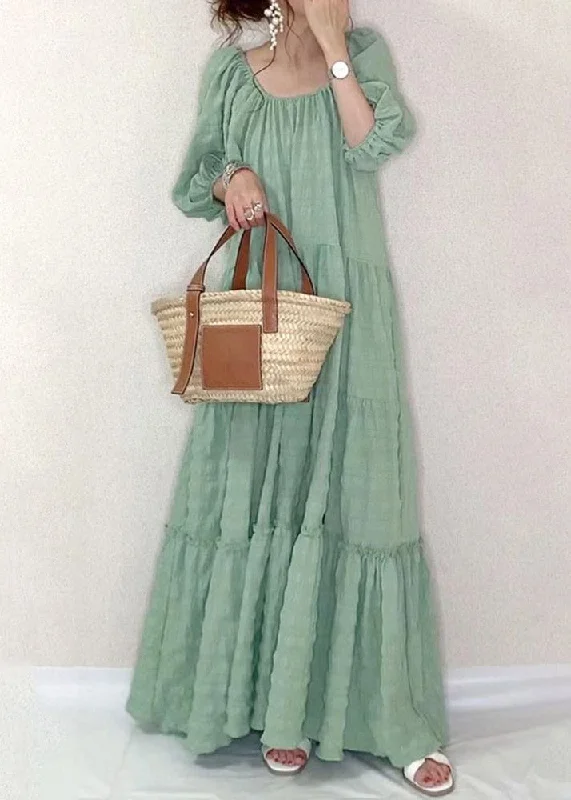 Elegant Light Green O-Neck Patchwork Wrinkled Maxi Dresses Puff Sleeve Stylish A-Line Maxi Dress