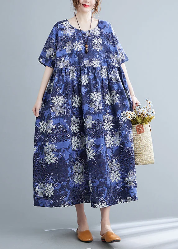 Italian Blue O-Neck Cinched Print Maxi Dresses Short Sleeve Elegant Tiered Maxi Dress Italian Blue O-Neck Cinched Print Maxi Dresses Short Sleeve Elegant Tiered Maxi Dress
