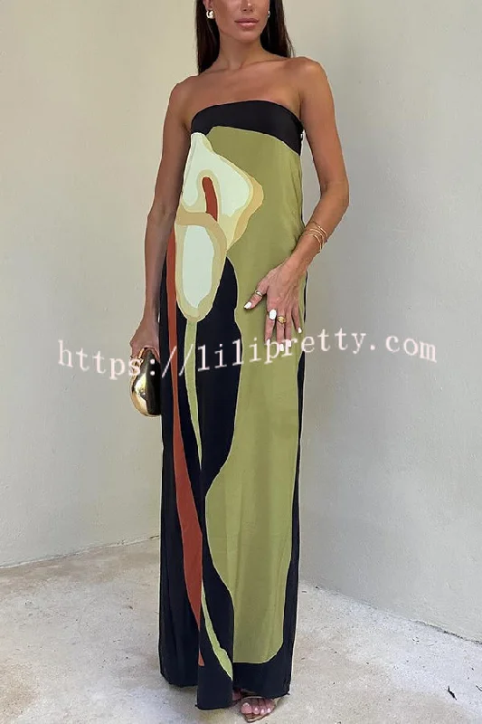 Lilipretty® Jaime Abstract Floral Print Elasticated Off Shoulder Vacation Loose Maxi Dress Cozy Maxi Dress with Slit