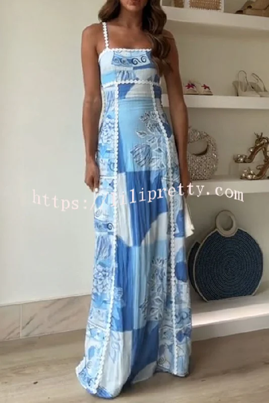 Terazza Ric Rac Trims Unique Print Back Tie-up Slip Flared Maxi Dress Chic Button-Up Maxi Dress