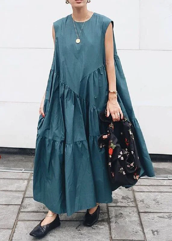 Organic Blue O Neck Wrinkled Patchwork Cotton Maxi Dresses Sleeveless Elegant Maxi Dress with Belt