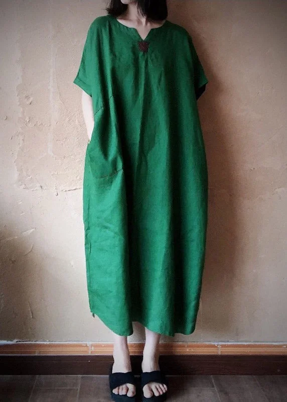 Plus Size Green V Neck Embroideried Pockets Linen Maxi Dresses Short Sleeve Cozy Cold-Shoulder Maxi Dress Plus Size Green V Neck Embroideried Pockets Linen Maxi Dresses Short Sleeve Cozy Cold-Shoulder Maxi Dress