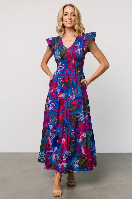 Ranchero Smocked Maxi Dress | Cobalt + Fuchsia Print Stylish Empire Waist Maxi Dress Ranchero Smocked Maxi Dress | Cobalt + Fuchsia Print Stylish Empire Waist Maxi Dress
