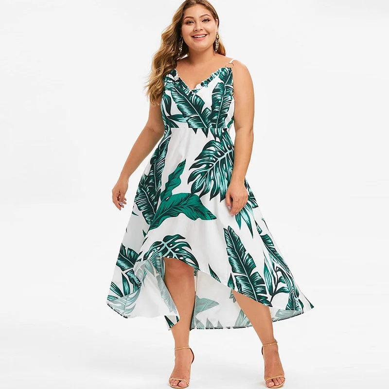 ROSEGAL Women Summer Plus Size Floral Dress Sleeveless Spaghetti Strap Vacation Maxi Dress Tropical Leaf Print Sexy Long Dress Comfortable Long-Sleeve Maxi Dress
