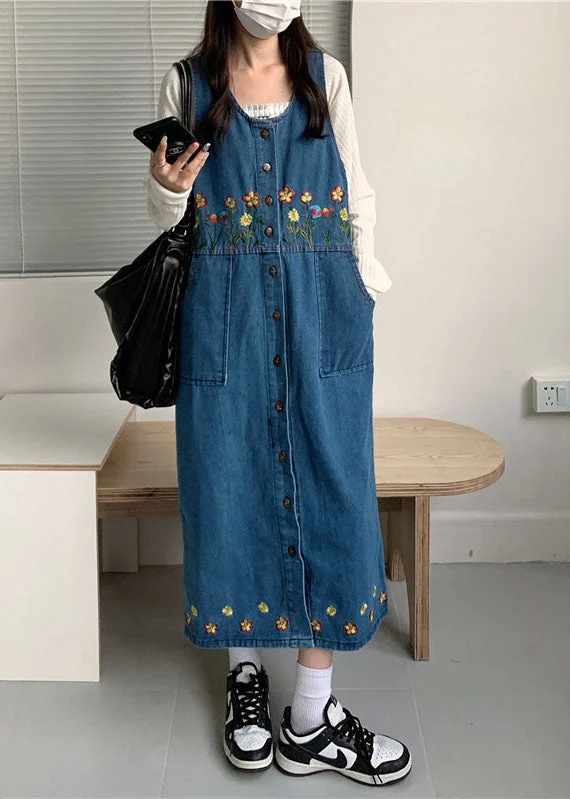 Vintage Black Slash Neck Embroidered Patchwork Button Denim Maxi Dress Sleeveless Stylish Longline Maxi Dress