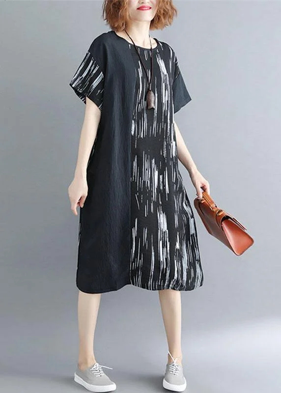 Women Black Patchwork Striped O Neck Cotton Maxi Dresses Stylish Off-Shoulder Maxi Dress Women Black Patchwork Striped O Neck Cotton Maxi Dresses Stylish Off-Shoulder Maxi Dress