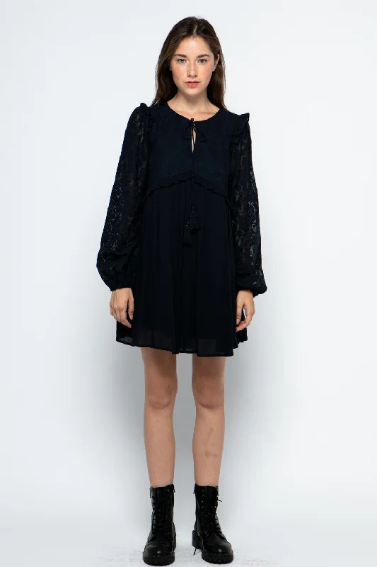 NAVY SELF-TIE TASSEL NECK LACE CONTRAST BABYDOLL MINI DRESS MDR8762 Fashionable Mini Dress with Slits NAVY SELF-TIE TASSEL NECK LACE CONTRAST BABYDOLL MINI DRESS MDR8762 Fashionable Mini Dress with Slits