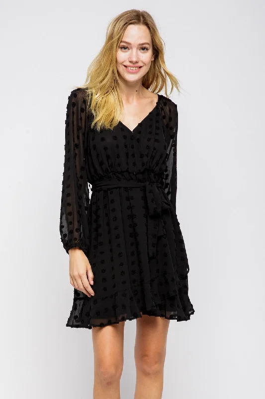 BLACK SWISS DOT SELF-TIE WAIST RUFFLED MINI DRESS MDR8083 Trendy Mini Dress with Belt BLACK SWISS DOT SELF-TIE WAIST RUFFLED MINI DRESS MDR8083 Trendy Mini Dress with Belt