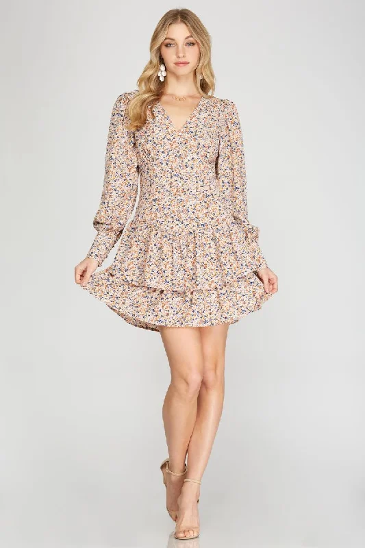 CREAM FLORAL PRINT BUTTON DOWN CUFF LONG SLEEVES MINI DRESS SS8703 Fashionable Lace-Trim Mini Dress CREAM FLORAL PRINT BUTTON DOWN CUFF LONG SLEEVES MINI DRESS SS8703 Fashionable Lace-Trim Mini Dress