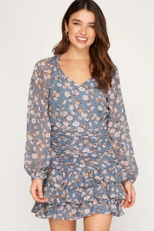 DUSTY BLUE FLORAL PRINT LONG RAGLAN SLEEVES RUFFLED MINI DRESS SS7690 Modern Satin Mini Dress DUSTY BLUE FLORAL PRINT LONG RAGLAN SLEEVES RUFFLED MINI DRESS SS7690 Modern Satin Mini Dress