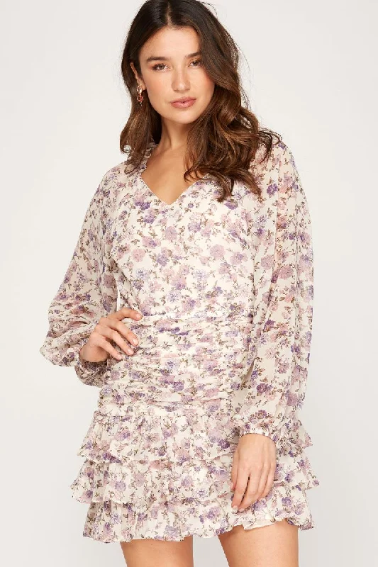 DUSTY ROSE FLORAL PRINT LONG RAGLAN SLEEVES RUFFLED MINI DRESS SS7690 Fashionable Off-Shoulder Mini Dress DUSTY ROSE FLORAL PRINT LONG RAGLAN SLEEVES RUFFLED MINI DRESS SS7690 Fashionable Off-Shoulder Mini Dress