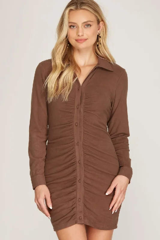 MOCHA BRUSHED STRETCH KNIT BUTTON DOWN SHIRRED SHIRT MINI DRESS SS8731 Trendy Floral Mini Dress MOCHA BRUSHED STRETCH KNIT BUTTON DOWN SHIRRED SHIRT MINI DRESS SS8731 Trendy Floral Mini Dress