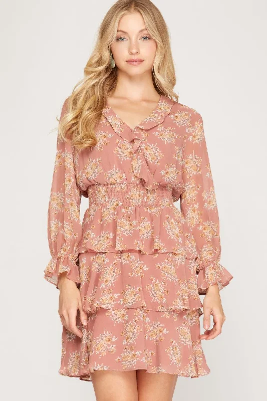 ROSE FLORAL PRINT SMOCKED TIERED LONG SLEEVES MINI DRESS SS7997 Cozy Ribbed Mini Dress ROSE FLORAL PRINT SMOCKED TIERED LONG SLEEVES MINI DRESS SS7997 Cozy Ribbed Mini Dress