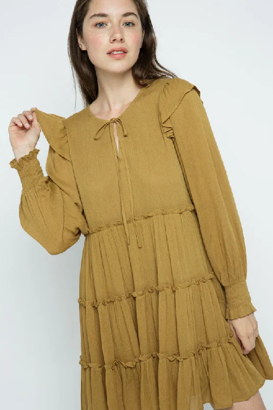 SANDSTORM TIE-NECK SMOCK CUFF SLEEVES RUFFLED BABYDOLL MINI DRESS MDR8654 Chic Tropical Mini Dress SANDSTORM TIE-NECK SMOCK CUFF SLEEVES RUFFLED BABYDOLL MINI DRESS MDR8654 Chic Tropical Mini Dress