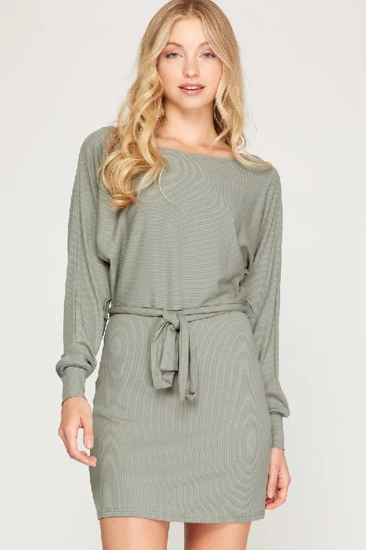 SLATE RIB KNIT DOLMAN LONG SLEEVES SASH WAIST MINI DRESS SS6213 Cozy Satin Mini Dress SLATE RIB KNIT DOLMAN LONG SLEEVES SASH WAIST MINI DRESS SS6213 Cozy Satin Mini Dress