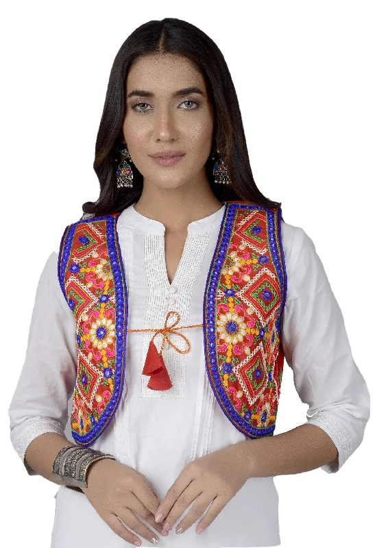 Cotton Kutchi Embroidered Short Jacket/Koti/Shrug (CJK-03) -Red Zippered Front Buttoned Front Snap Front Cotton Kutchi Embroidered Short Jacket/Koti/Shrug (CJK-03) -Red Zippered Front Buttoned Front Snap Front