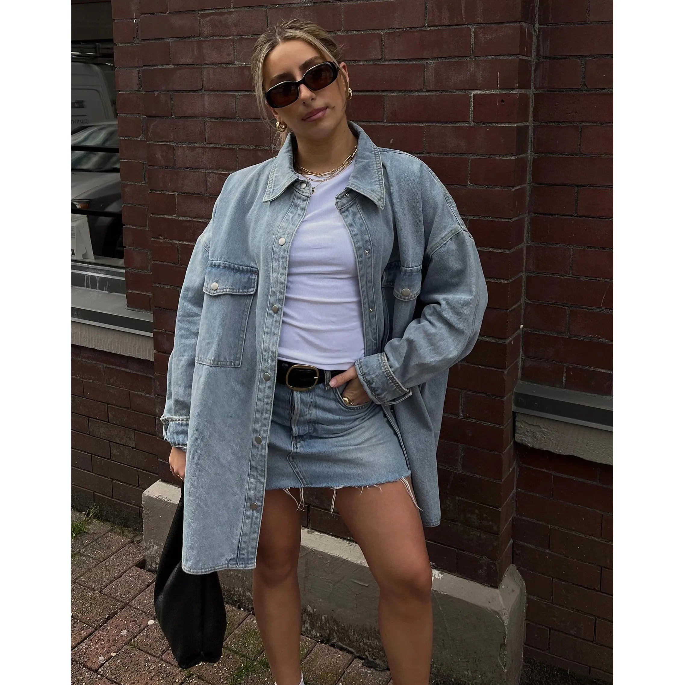 Brunette the Label Shania Denim Jacket A-Line Jacket Boat Neck Shawl Collar