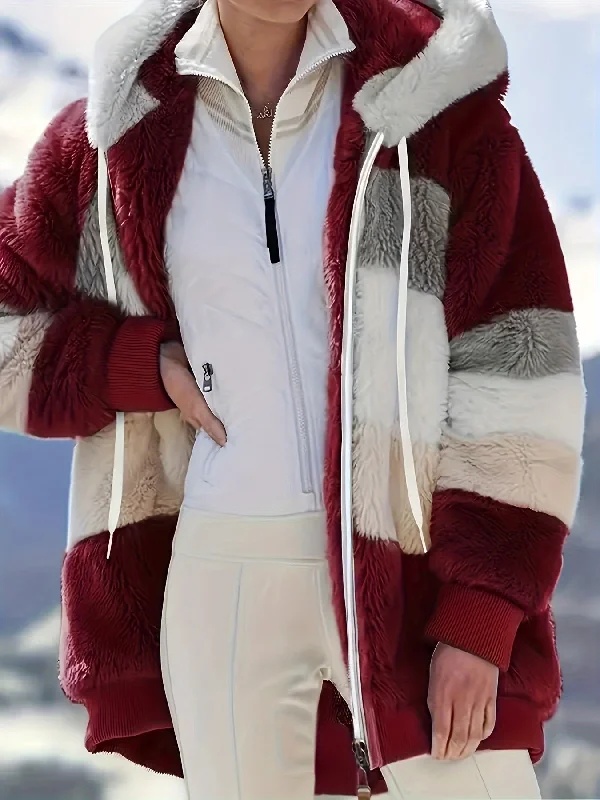 "Color Block Fuzzy Hooded Coat - Jackets In Winter Cozy Long Sleeve Winter Jacket" Chenille Fabric Brocade Fabric Lace Fabric "Color Block Fuzzy Hooded Coat - Jackets In Winter Cozy Long Sleeve Winter Jacket" Chenille Fabric Brocade Fabric Lace Fabric