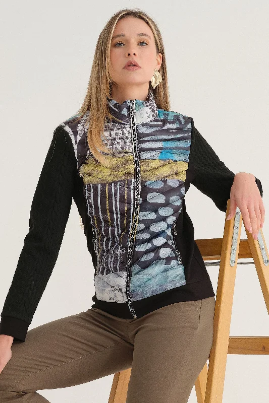 Dolcezza 74837 Padded Jacket Black Mono Leaf Print Bomber Jacket Anorak Windbreaker