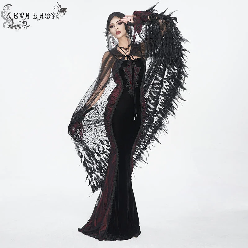 ECA016 Gothic sequined feather hooded women's long cloak Hoodie with Hem Patch Decorative Personalized ECA016 Gothic sequined feather hooded women's long cloak Hoodie with Hem Patch Decorative Personalized