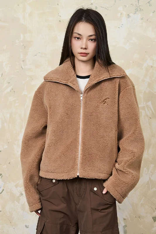 Embroidered Sherpa Jacket Notch Collar Peter Pan Collar Cowl Neck