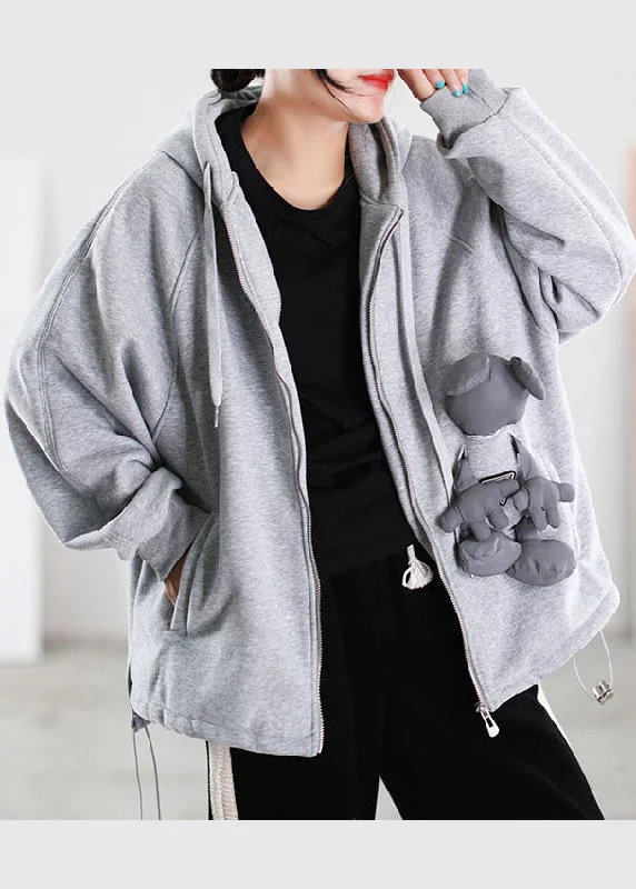 Fine Grey Hooded Pockets Warm Fleece Sweatshirts Top Spring Coat Hoodie with Ribbed Hem Stretchable Secure