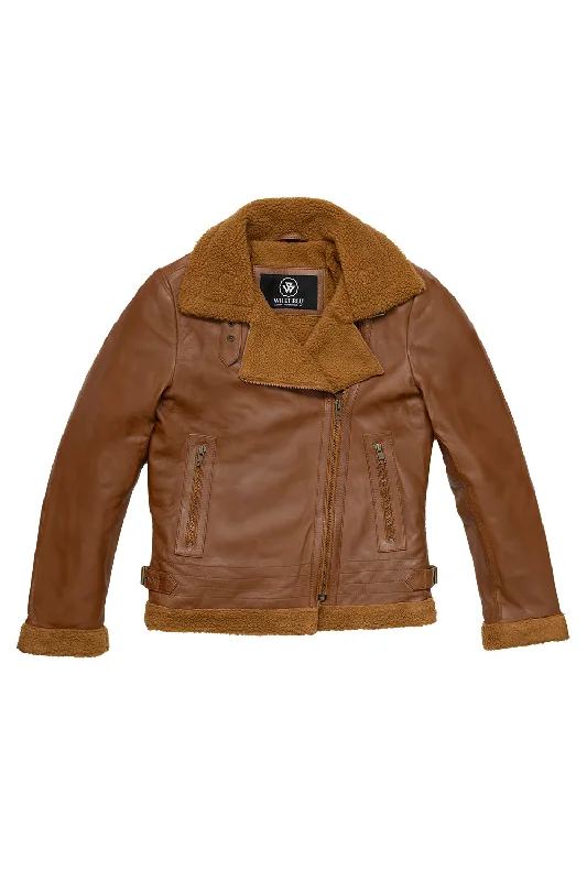 First Manufacturing Chelsea - Women's Leather Jacket, Dark Cognac Fleece Jacket Down Jacket Feather Jacket