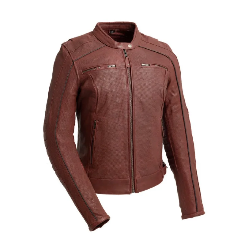 First Manufacturing Jada - Women's Perforated Leather Motorcycle Jacket, Oxblood Faux Fur Jacket Real Fur Jacket Shearling Jacket