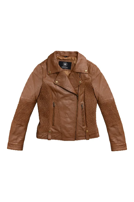 First Manufacturing Lindsay - Women's Fashion Leather Jacket, Dark Cognac Striped Jacket Polka Dot Jacket Floral Jacket