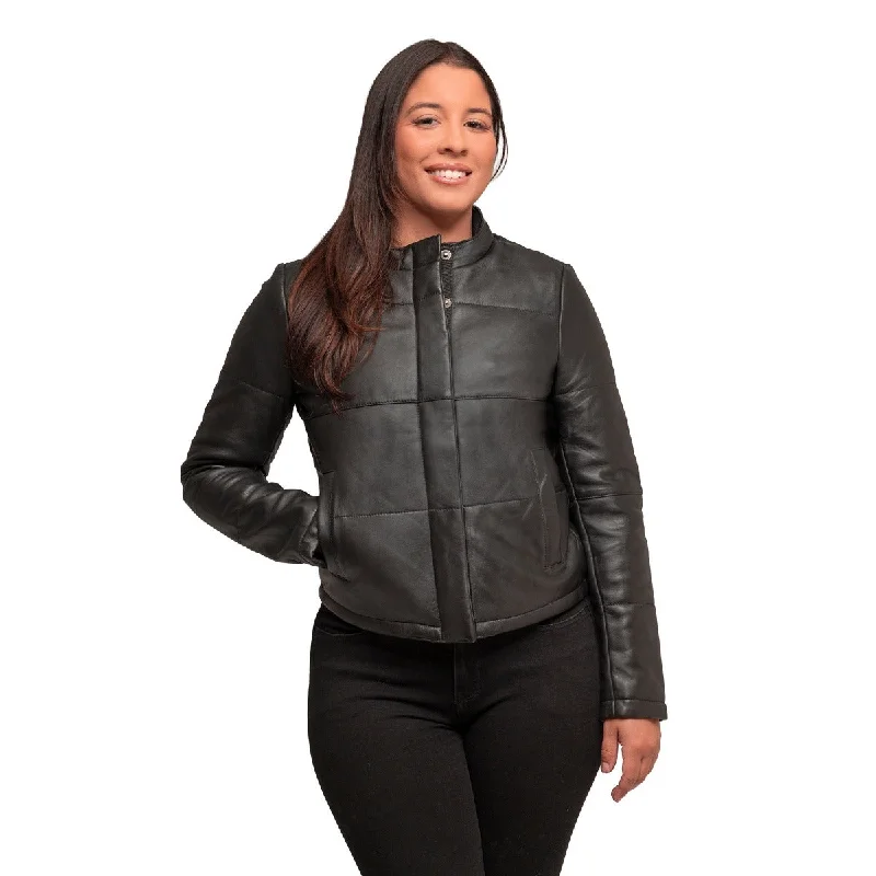 First Manufacturing Melysa - Women's Leather Jacket, Black Snapped Jacket Toggled Jacket Drawstring Jacket