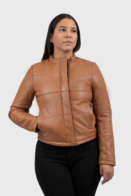 First Manufacturing Melysa - Women's Leather Jacket, Cognac Wool Fabric Cashmere Fabric Tweed Fabric