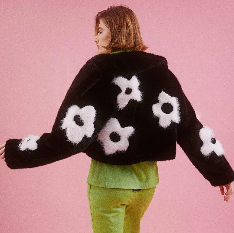 Handmade Bamboo Cropped Jacket | Black + White Flower Wool Fabric Cashmere Fabric Tweed Fabric