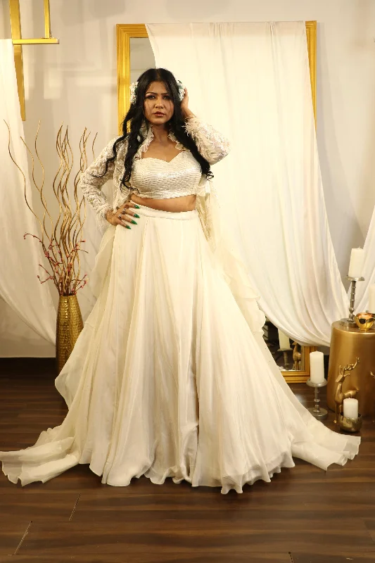 IVORY LEHENGA WITH JACKET SET Knit Fabric Woven Fabric Fleece Fabric