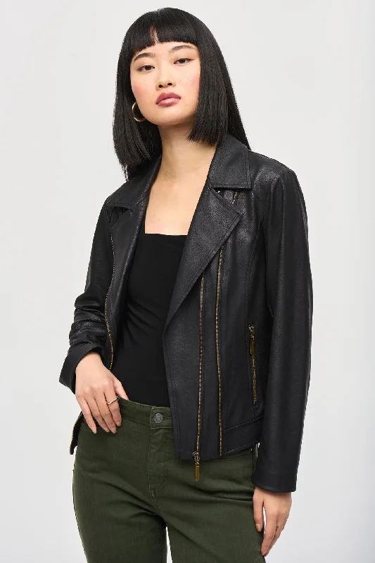 Joseph Ribkoff 243905 Black Foiled Knit Moto Jacket Hoodie Zip-Up Jacket Button-Up Jacket