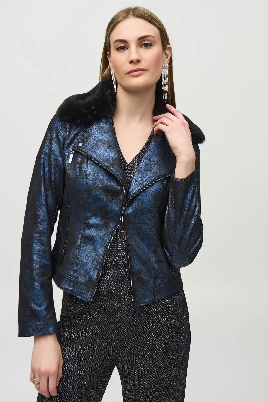 Joseph Ribkoff 244918 Blue Black (192) Foiled Suede Jacket with Faux-Fur Collar Ribbed Jacket Pleated Jacket Ruffled Jacket
