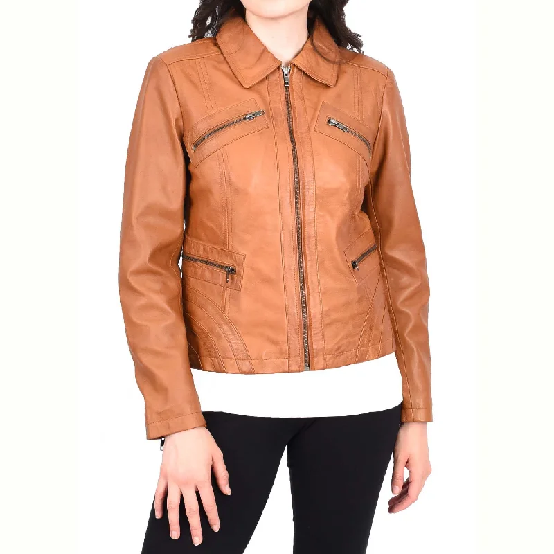 Ladies Soft Leather Jacket Fitted Collared Zip Fasten Biker Style Leah Tan Hooded Jacket Caped Jacket Shawl Collar Jacket