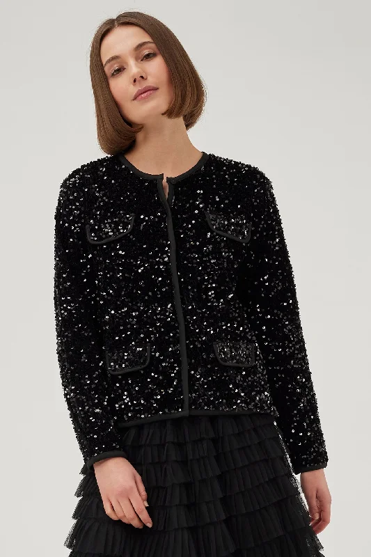 Leo & Ugo Jacket Top Sequin Round Neck Black BW534 Oversized Jacket Tailored Jacket Straight Jacket