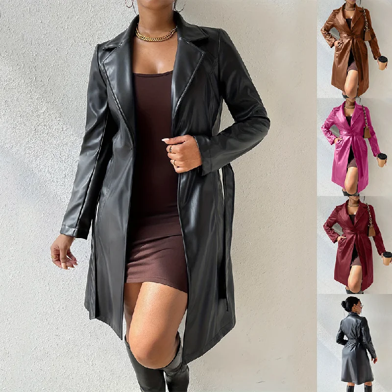 Long Sleeve Lapel PU Leather Jacket With Pockets Slim Fit Long Trench Coat Women's Clothing Quilted Jacket Puffer Jacket Insulated Jacket Long Sleeve Lapel PU Leather Jacket With Pockets Slim Fit Long Trench Coat Women's Clothing Quilted Jacket Puffer Jacket Insulated Jacket